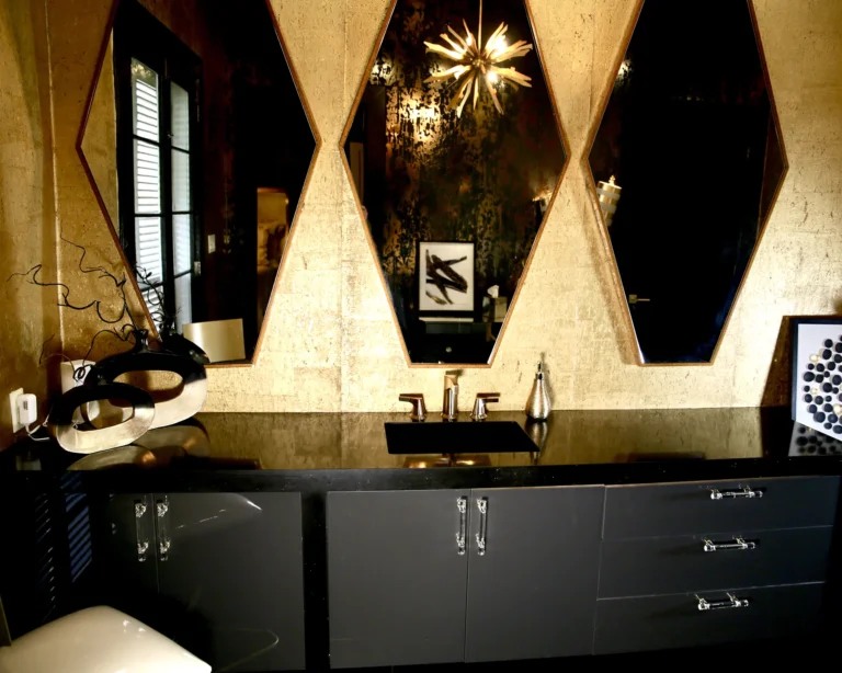 Stumpf black bathroom sink and cabinets